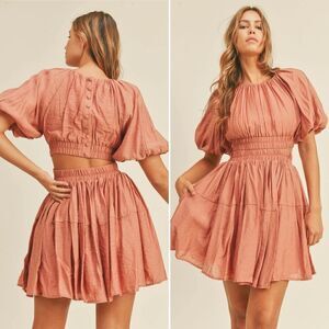 Mable Davina Shirring Detail Tiered Dress.Size S Boho Dusty Rose Flirty Cute